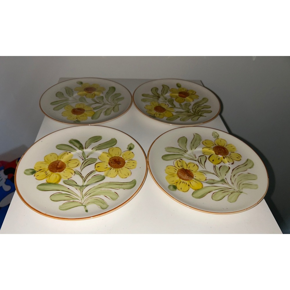 Vintage Hand Painted Sunflower Ceramic Plates Set of 4 Yellow Floral Stoneware